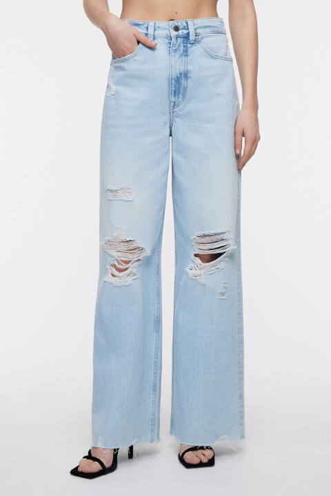 

Джинсы wide leg с открытыми срезами и рваными коленями, Голубой, Джинсы wide leg с открытыми срезами и рваными коленями