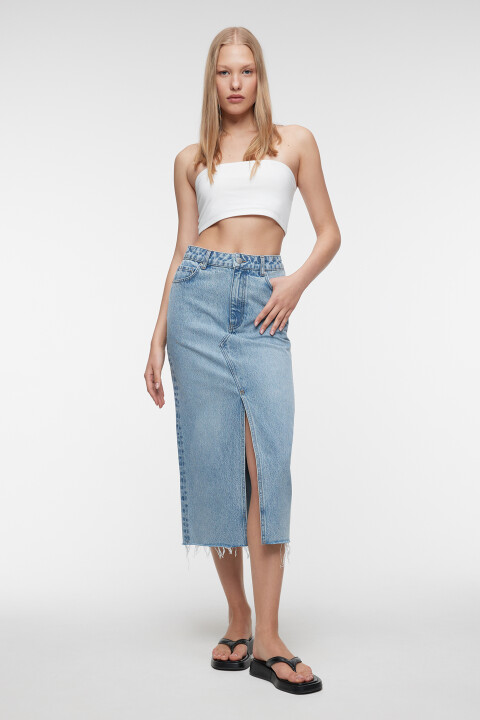 

Юбка-карандаш миди джинсовая с открытыми срезами, Голубой, Юбка-карандаш миди джинсовая с открытыми срезами