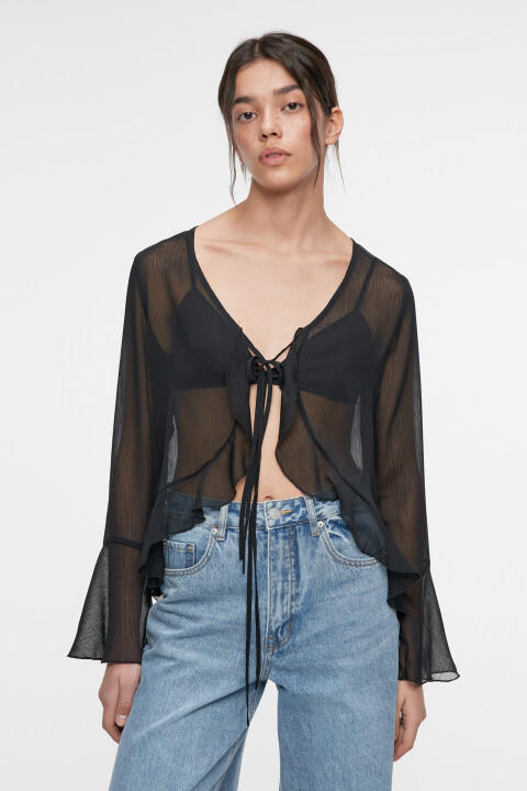 

Блузка-шторка полупрозрачная с завязками и оборками, Черный, Блузка-шторка полупрозрачная с завязками и оборками