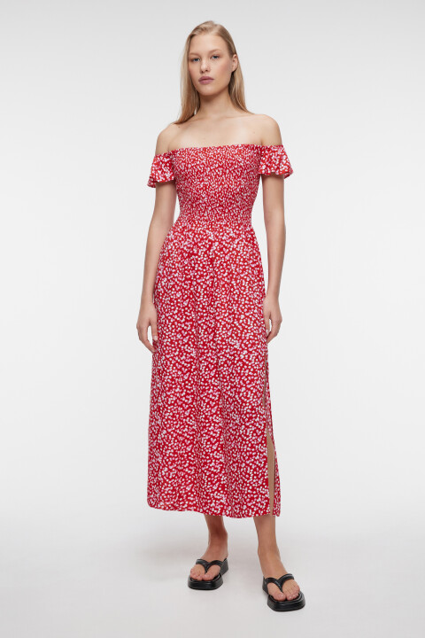 

Платье миди вискозное с открытыми плечами и разрезом, Красный, Платье миди вискозное с открытыми плечами и разрезом