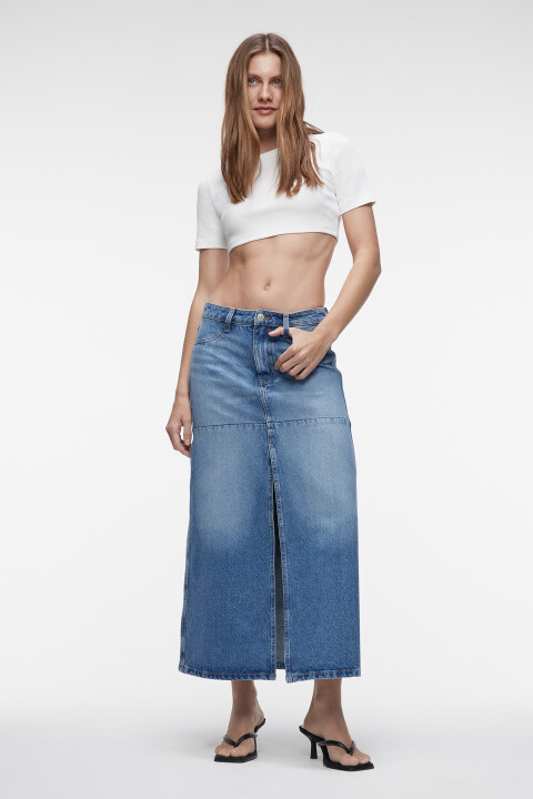 

Юбка миди джинсовая с низкой посадкой и разрезом спереди, Голубой, Юбка миди джинсовая с низкой посадкой и разрезом спереди