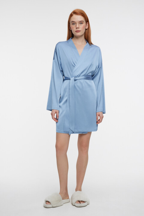 

Халат мини домашний атласный на запах с поясом, Синий, Халат мини домашний атласный на запах с поясом