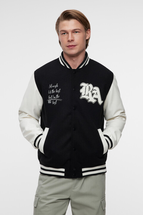 

Куртка-бомбер с кожаными рукавами и нашивкой, Мультиколор, Куртка-бомбер с кожаными рукавами и нашивкой