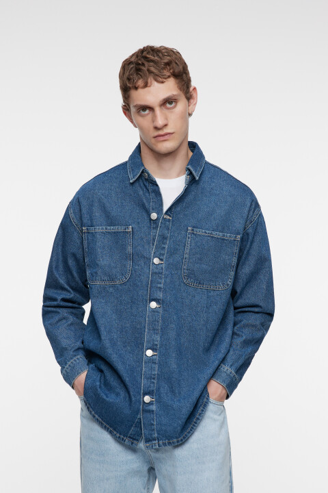 

Рубашка джинсовая прямая с длинными рукавами, Синий, Рубашка джинсовая прямая с длинными рукавами