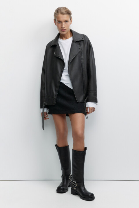 

Куртка-косуха свободная кожаная классического кроя, Черный, Куртка-косуха свободная кожаная классического кроя