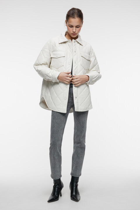 

Куртка-рубашка oversize стеганая из искусственной кожи, Бежевый, Куртка-рубашка oversize стеганая из искусственной кожи