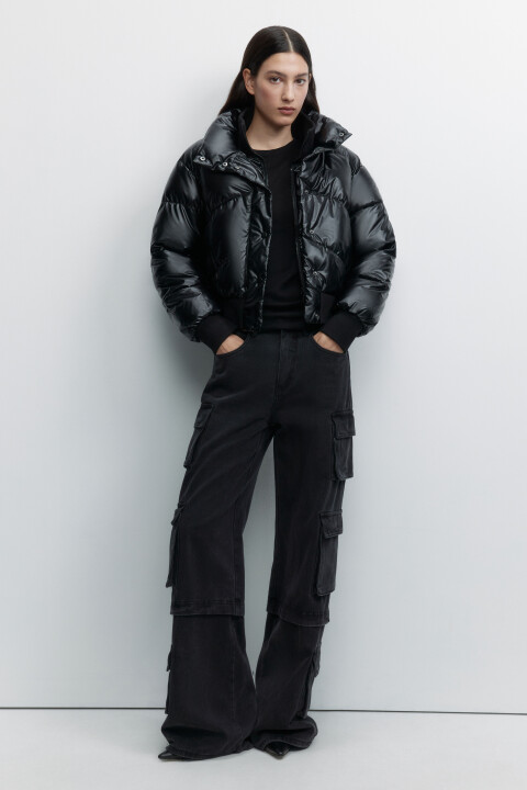 

Куртка стеганая укороченная с двойным воротником, Черный, Куртка стеганая укороченная с двойным воротником