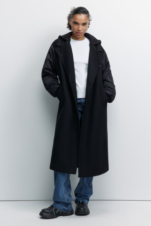 

Пальто двубортное шерстяное с рукавами бомбера, Черный, Пальто двубортное шерстяное с рукавами бомбера