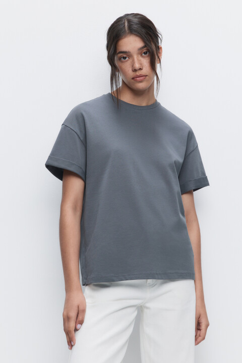 

Футболка oversize хлопковая с подвернутыми рукавами, Серый, Футболка oversize хлопковая с подвернутыми рукавами
