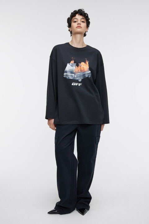 

Лонгслив oversize трикотажный хлопковый с принтом, Черный, Лонгслив oversize трикотажный хлопковый с принтом