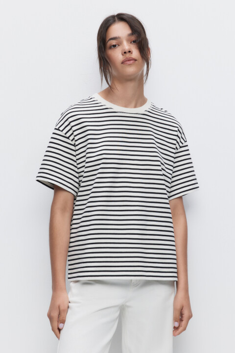 

Футболка свободная хлопковая в полоску, Черный, Футболка свободная хлопковая в полоску