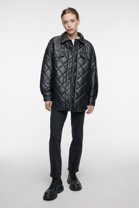 

Куртка-рубашка oversize стеганая из искусственной кожи, Черный, Куртка-рубашка oversize стеганая из искусственной кожи