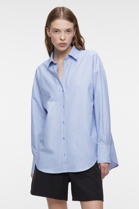 

Рубашка oversize хлопковая с боковыми вырезами, Голубой, Рубашка oversize хлопковая с боковыми вырезами