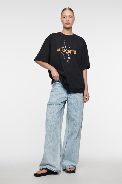 

Футболка oversize хлопковая с принтом-надписью, Черный, Футболка oversize хлопковая с принтом-надписью