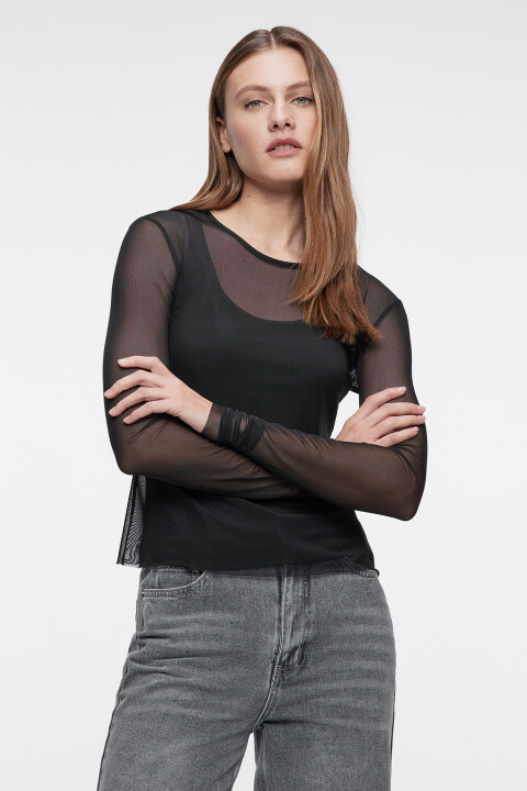 

Лонгслив сетчатый приталенный с подкладкой-майкой, Черный, Лонгслив сетчатый приталенный с подкладкой-майкой