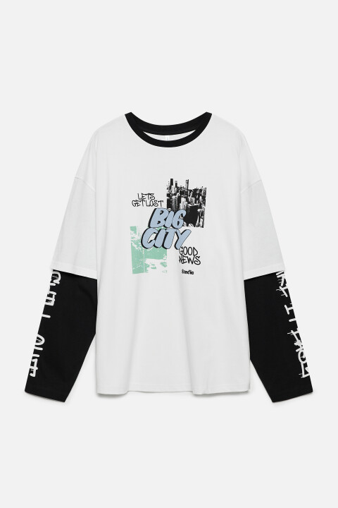 

Лонгслив oversize хлопковый с двойными рукавами и принтом, Белый, Лонгслив oversize хлопковый с двойными рукавами и принтом