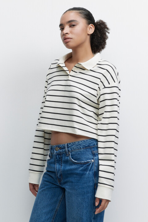 

Лонгслив-поло хлопковый укороченный в полоску, Белый, Лонгслив-поло хлопковый укороченный в полоску