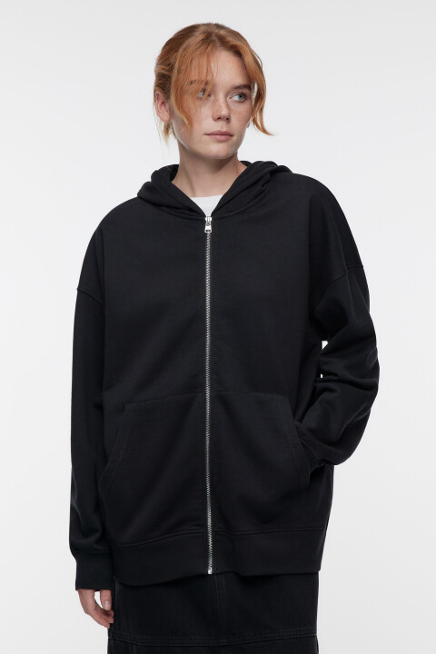 

Худи oversize из футера на молнии с капюшоном, Черный, Худи oversize из футера на молнии с капюшоном