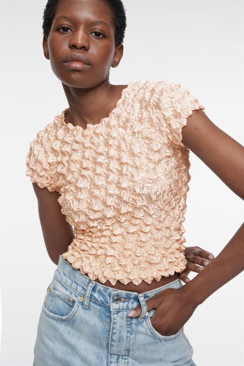 

Топ-футболка объемный блестящий из эластичной ткани, Бежевый, Топ-футболка объемный блестящий из эластичной ткани