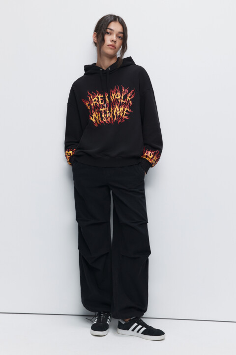 

Худи oversize хлопковая с капюшоном и принтом, Черный, Худи oversize хлопковая с капюшоном и принтом