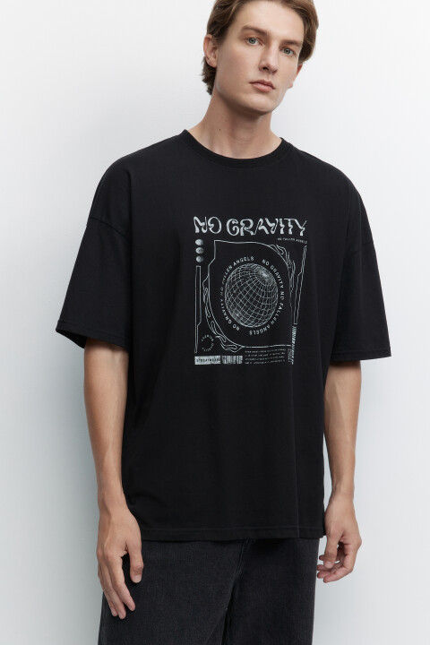 

Футболка oversize хлопковая с принтом и надписями, Черный, Футболка oversize хлопковая с принтом и надписями