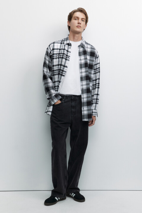 

Рубашка oversize хлопковая с принтом в клетку, Черный, Рубашка oversize хлопковая с принтом в клетку