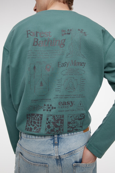 

Лонгслив хлопковый свободный с принтом и надписями, Зеленый, Лонгслив хлопковый свободный с принтом и надписями