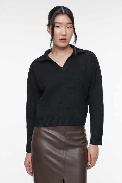 

Джемпер вязаный ажурный с воротником-поло, Черный, Джемпер вязаный ажурный с воротником-поло