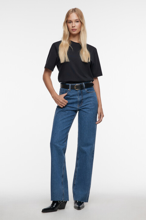 

Джинсы широкие с высокой посадкой и открытыми срезами, Голубой, Джинсы широкие с высокой посадкой и открытыми срезами