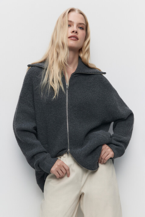 

Кардиган oversize на молнии с широким воротником, Серый, Кардиган oversize на молнии с широким воротником