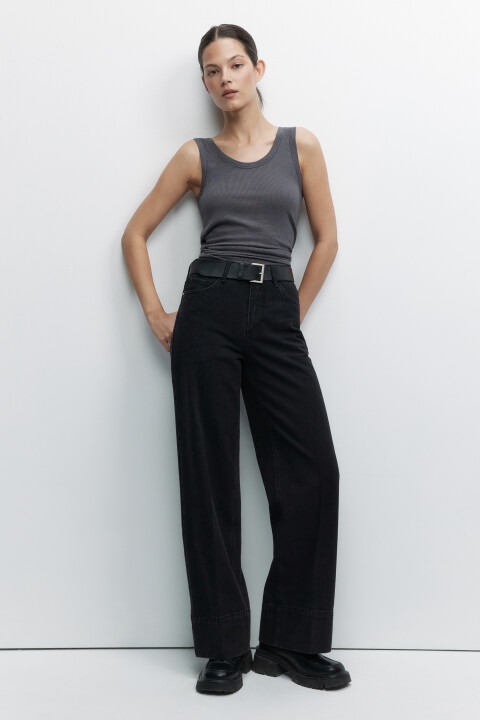 

Джинсы широкие с высокой посадкой и ремнем из искусственной кожи, Черный, Джинсы широкие с высокой посадкой и ремнем из искусственной кожи