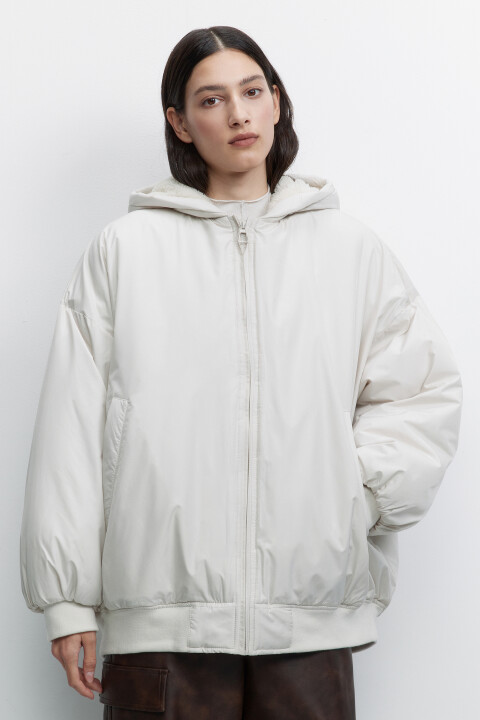 

Куртка-бомбер oversize утепленная с капюшоном, Бежевый, Куртка-бомбер oversize утепленная с капюшоном