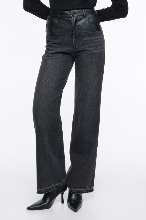 

Джинсы широкие с вставкой из экокожи на поясе, Черный, Джинсы широкие с вставкой из экокожи на поясе