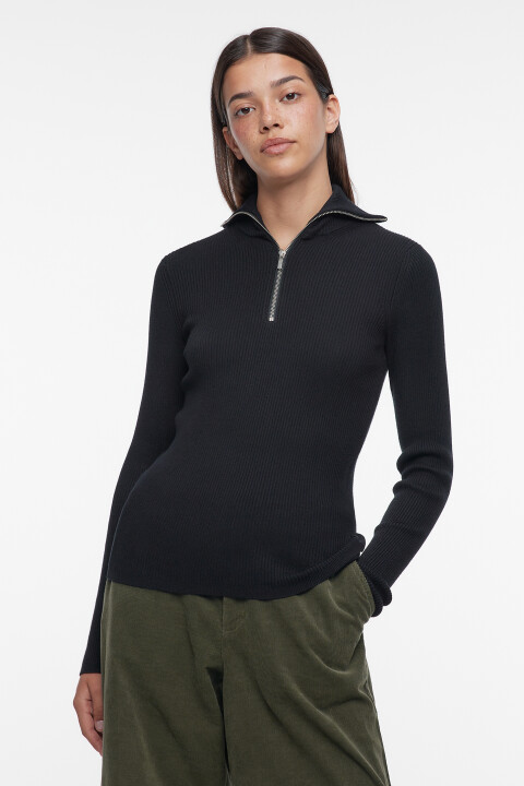 

Лонгслив вискозный облегающий с воротником на молнии, Черный, Лонгслив вискозный облегающий с воротником на молнии