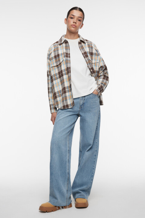 

Рубашка oversize фланелевая в клетку с карманами, Бежевый, Рубашка oversize фланелевая в клетку с карманами
