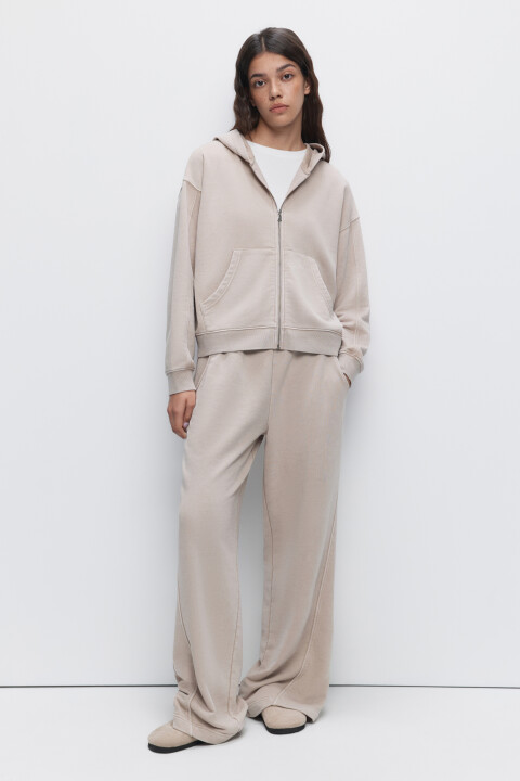 

Толстовка на молнии свободная с вареным эффектом, Бежевый, Толстовка на молнии свободная с вареным эффектом