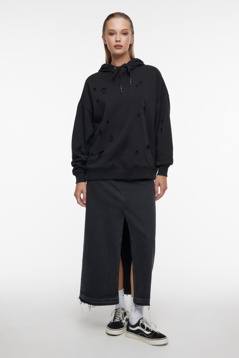

Худи oversize рваная с подкладкой и капюшоном, Черный, Худи oversize рваная с подкладкой и капюшоном
