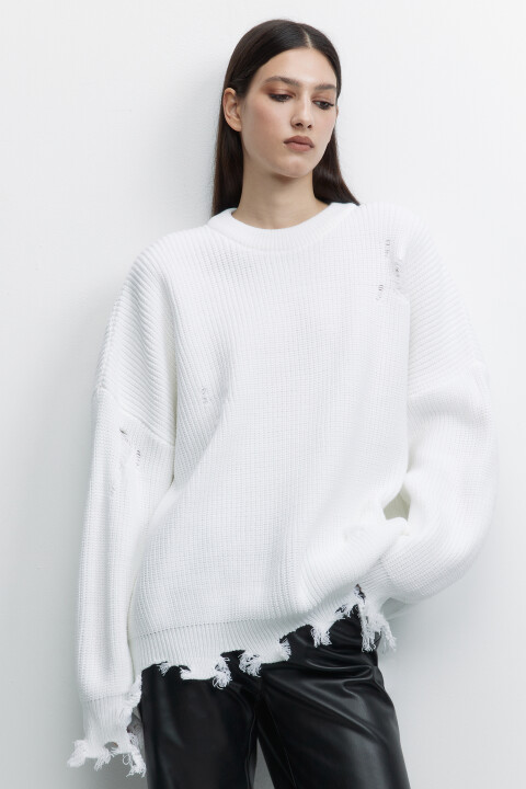 

Свитер oversize вязаный рваный в стиле гранж, Бежевый, Свитер oversize вязаный рваный в стиле гранж