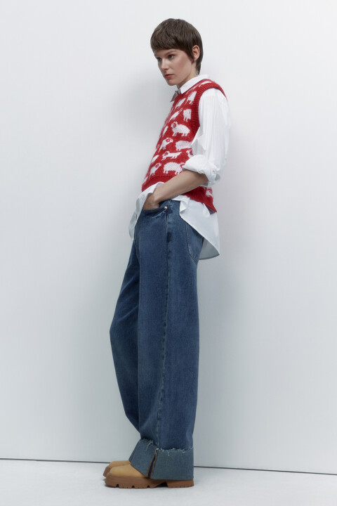 

Жилет вязаный жаккардовый с принтом лопапейса, Красный, Жилет вязаный жаккардовый с принтом лопапейса