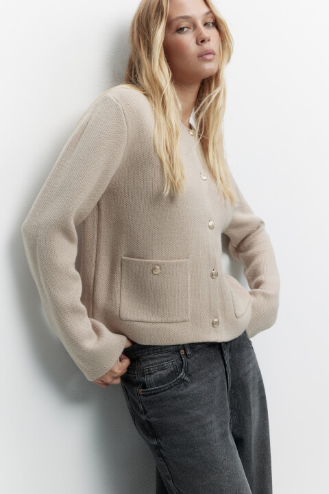 

Кардиган короткий вязаный в полоску, Бежевый, Кардиган короткий вязаный в полоску