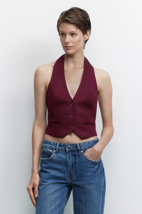 

Жилет укороченный костюмный с открытыми плечами, Бордовый, Жилет укороченный костюмный с открытыми плечами
