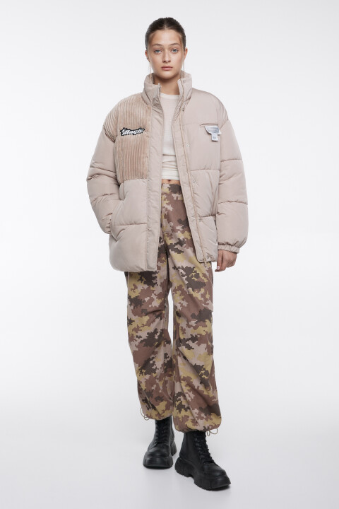 

Куртка стеганая с принтом и вельветовой вставкой, Бежевый, Куртка стеганая с принтом и вельветовой вставкой