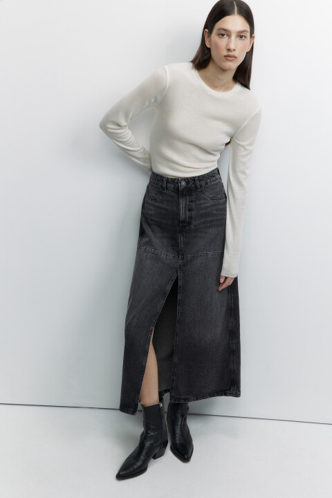 

Юбка миди джинсовая прямая с разрезом спереди, Серый, Юбка миди джинсовая прямая с разрезом спереди