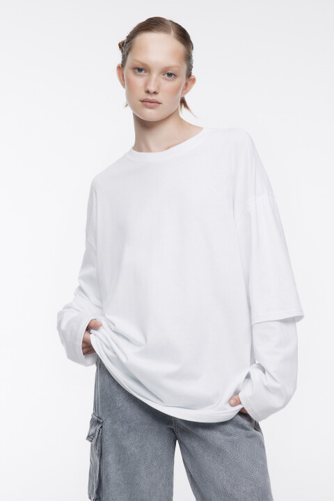

Лонгслив oversize хлопковый с двойными рукавами, Белый, Лонгслив oversize хлопковый с двойными рукавами