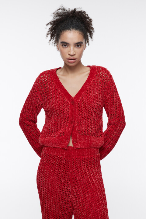 

Кардиган домашний вязаный из синельной пряжи, Красный, Кардиган домашний вязаный из синельной пряжи