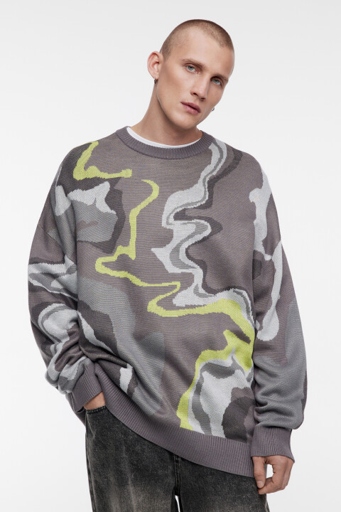 

Свитер вязаный свободный с принтом-абстракцией, Зеленый, Свитер вязаный свободный с принтом-абстракцией