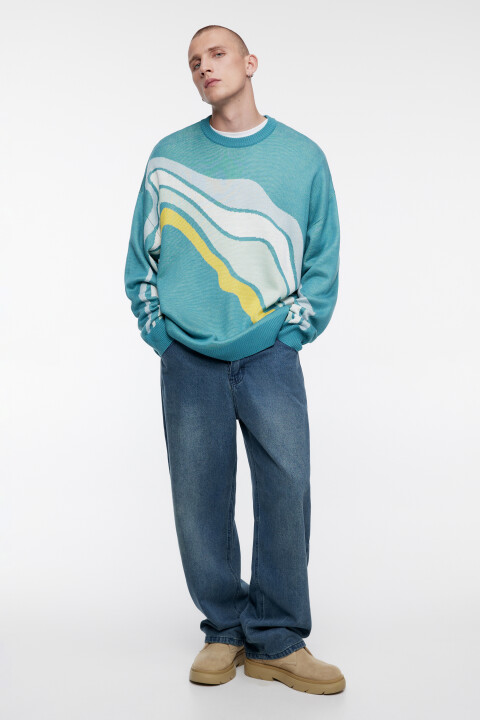 

Свитер вязаный свободный с принтом-абстракцией, Голубой, Свитер вязаный свободный с принтом-абстракцией