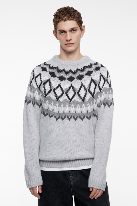 

Свитер вязаный шерстяной с принтом лопапейса, Серый, Свитер вязаный шерстяной с принтом лопапейса