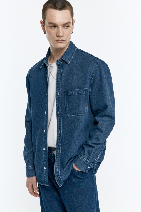 

Рубашка джинсовая свободная с нагрудным карманом, Синий, Рубашка джинсовая свободная с нагрудным карманом