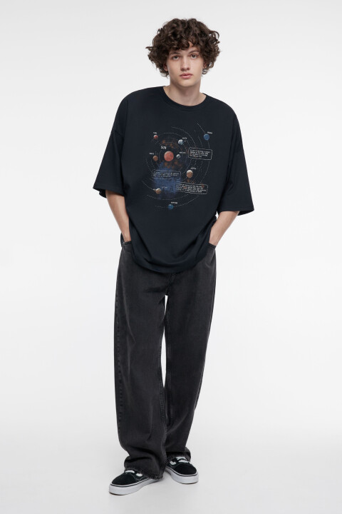 

Футболка oversize хлопковая с космическим принтом, Черный, Футболка oversize хлопковая с космическим принтом